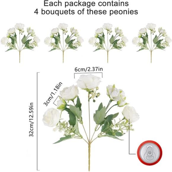 Artificial Peonies Silk Flowers, White Faux Peony Bouquet 4 Bundles Florals - Picture 5 of 6